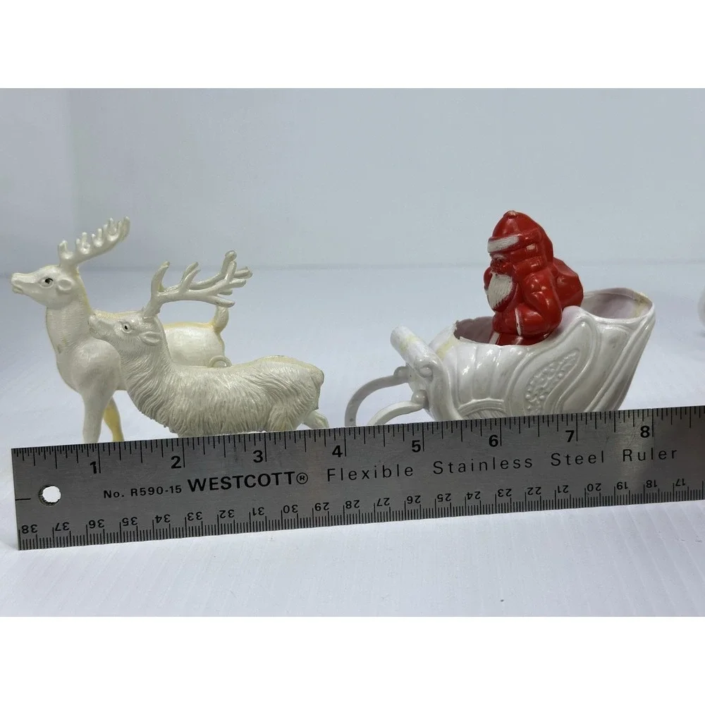 Vintage Christmas Hard Plastic Santa Sleigh Two White  Reindeer Candy Holder